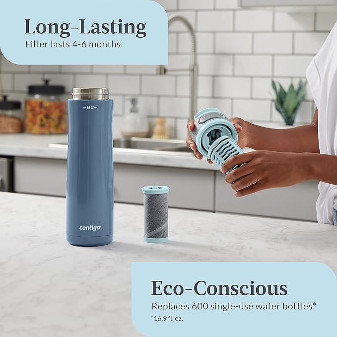 Contigo Clybourn Chill Stainless Steel FreeFlow Filter Water Bottle with AUTOSEAL, 24oz., Dark Ice (Pack of 4)