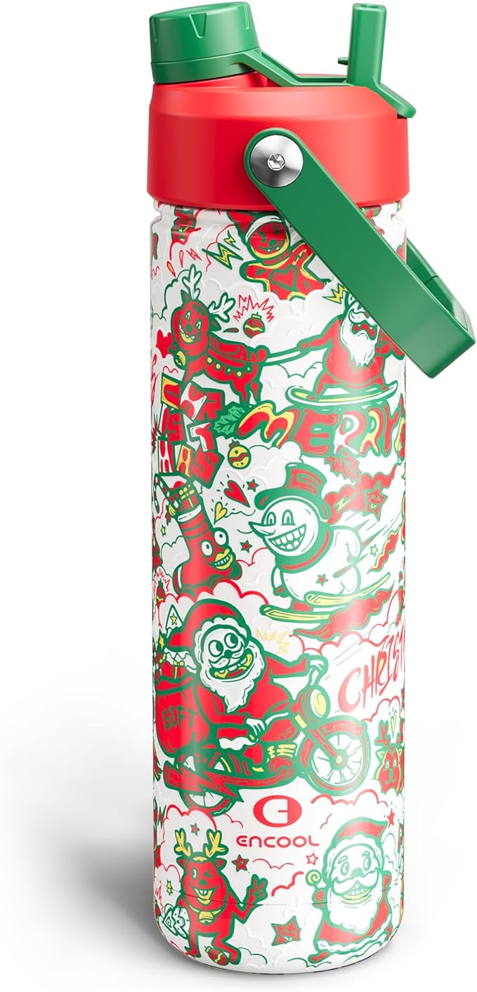 ENCOOL Christmas Insulated Water Bottle with Straw, Stainless Steel Water Bottle, Leak Proof BPA-Free, Keeps Cold for 24 Hours for Sports, Christmas Holiday Gifts for Women, 26 oz, Santa Rider
