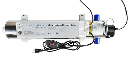 HQUA 120W Whole House UV Water Purifier – 24 GPM Ultraviolet Water Filter with Cooling Fan, 120V, 1” MNPT Inlet/Outlet, Includes Spare UV Lamp & Quartz Sleeve