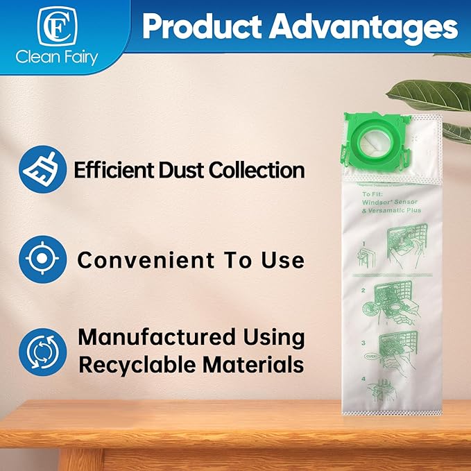 CF Clean Fairy 12Pack Micro Synthetic Cloth Bags Compatible With Sebo C G & X series & Windsor Sensor S12 S15 XP12 XP15 XP18 SR12 SR15 SR18 Versamatic Plus Replacement for 5093AM Vacuum Filter Bags - AquaVibe