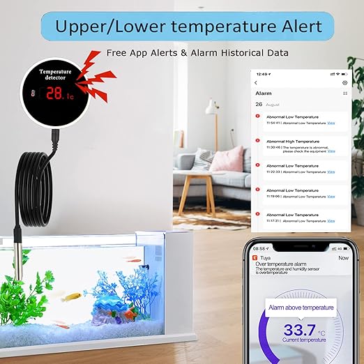 WiFi Smart Thermometer: WiFi Temperature Sensor with 1M Waterproof External Probe, App Alert & Buzzer Alarm, Digital Remote Temperature Gauge for Refrigerator, Fish Tank, Pet