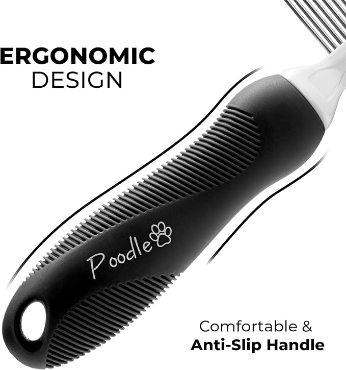 POODLIE Poodle Pet Dog Combs for Grooming Matting - Metal Comb for Dogs with Long & Short Stainless Steel Teeth - Dematting Comb for Cats to Remove Matted Hair & Knots, Black - AquaVibe