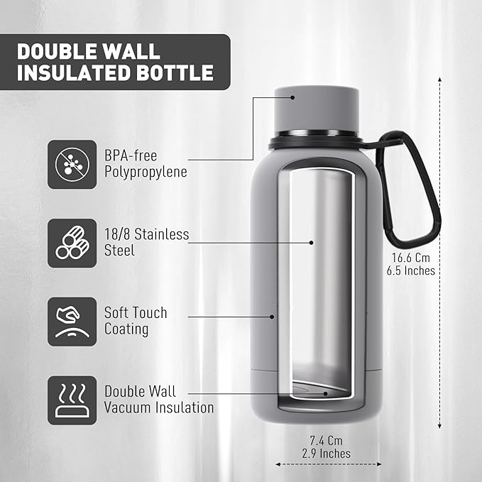 Exllena Small Water Bottle 12oz with Clip, Double Wall Stainless Steel Vacuum Small Insulated Water Bottle Keeps Drinks Cold 24 Hrs/Hot 12 Hrs for Kids Handbag School BPA Free (Grey)