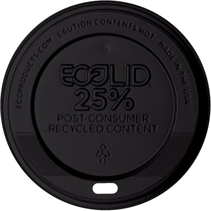 Eco-Products Ecolid Recycled Small Coffee Cup Lids, Case of 1000, Black, Fits 8oz Hot Cups, Made from 25% Post-Consumer Recycled Plastic Polystyrene, Made in the U.S.A.
