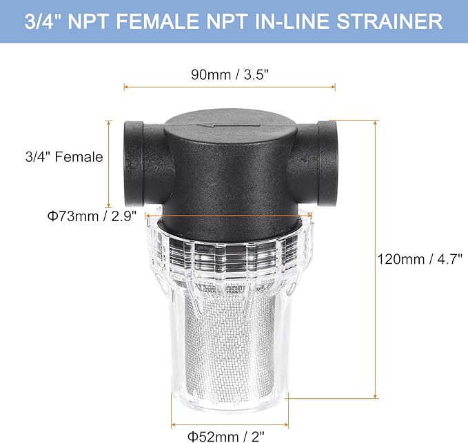 uxcell Pressure Washer Filter 3/4" NPT Female Thread, Inline Mesh Strainer Attachment, Stainless Steel Screen with Sealant Tape for Outdoor Gardening Inlet Water (Size:20 Mesh) - AquaVibe