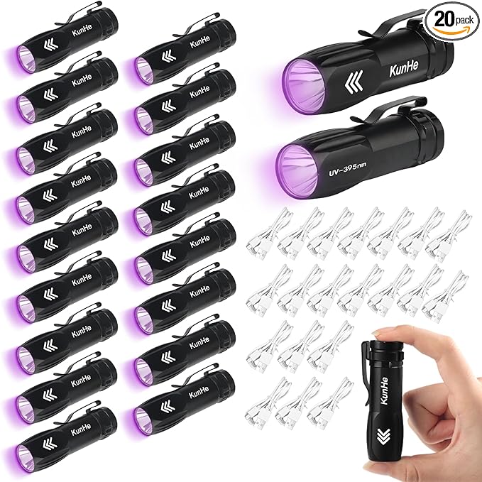 KunHe 20 Pack Mini UV 395nm Flashlight 3W Rechargeable UV Flashlight Bulk for Hotel Cleaning Pet Stain Detection Scorpion Seeking Mineral Identification Resin Curing