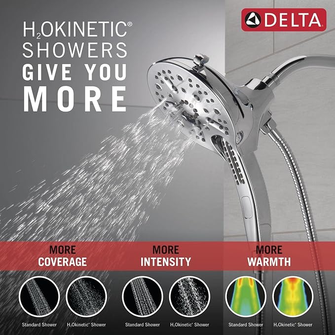 Delta Faucet 5-Spray In2ition 2-in-1 Dual Hand Held Shower Head with Hose, H2Okinetic Handheld Shower Head with Magnetic Docking, Chrome Handheld Shower Heads, Chrome 58620-PR25-PK