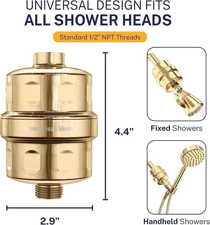 HammerHead Showers® Solid Metal Shower Head Filter – KDF 55 Shower Filter, High Pressure Universal Shower Filters to Remove Toxic Chemicals – Removes Chlorine and Heavy Metals – Polished Brass