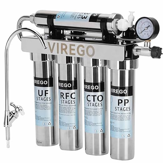 0.01μm Ultra Filtration Under Sink Water Filter System with Real-time Pressure Gauge, Water Filter Under Sink Import and Export Dimension Are DN15, for 99.99% Cl Reduction (with 5 Filter and 1 Faucet)