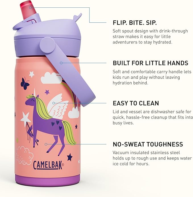 CamelBak Thrive Flip Straw Kids Bite Valve Stainless Steel Water Bottle Magic Unicorns, 12oz