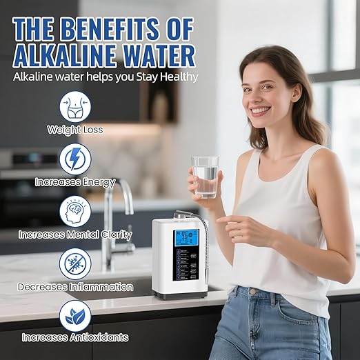 Alkaline Water Ionizer Machine, Water Machine PH 4-10.5 for Alkaline & Acidic Water, 5 Titanium Plates, Up to -500mV ORP, 8,000L Filter, 7 Water Settings, Auto-Cleaning, Intelligent Voice