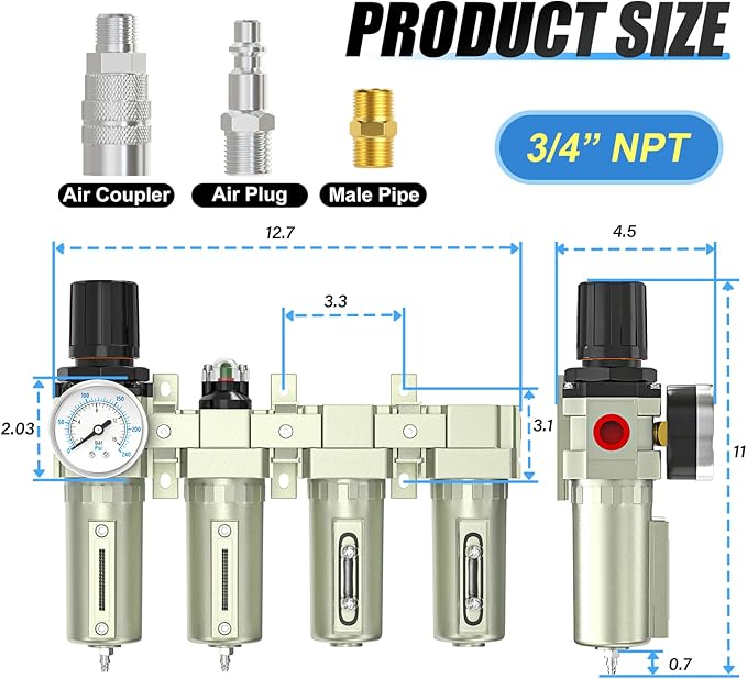 Heavy Duty Industrial Grade 3/4" NPT 4 Stage Air Drying System,Coalescing Filter,Particulate Filter,Double Desiccant Dryer and Air Regulator,Manual Drain,For Plasma Cutter and Paint Spray - AquaVibe