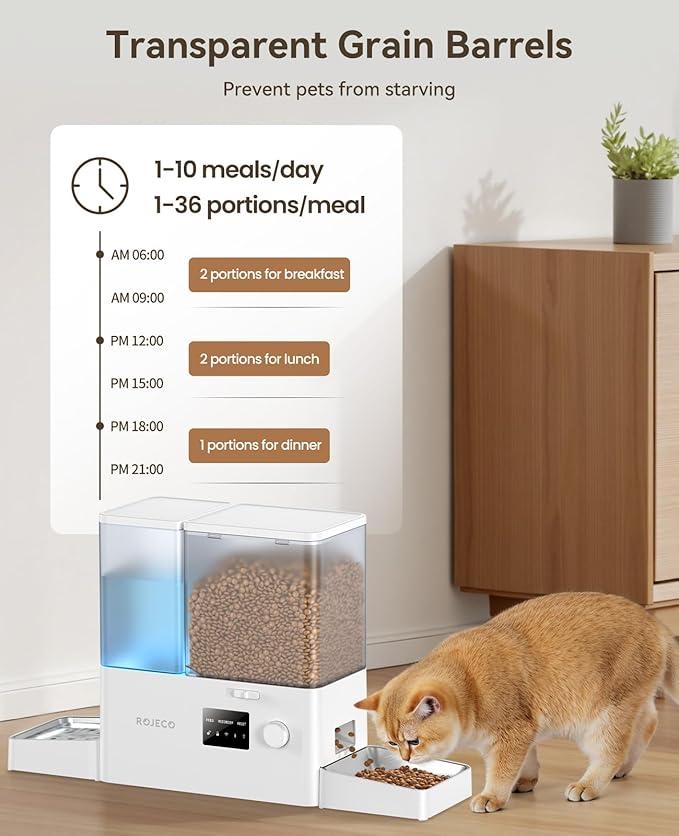 Rojeco 36Cups/8.5L WiFi Automatic Cat Feeder and Gravity Water Dispenser,Stainless Steel Bowls 2-in-1 Large Capacity 5L Food Dispenser with APP and 3.5L Water Fountain for Pets,Dogs,Puppies,Kittens