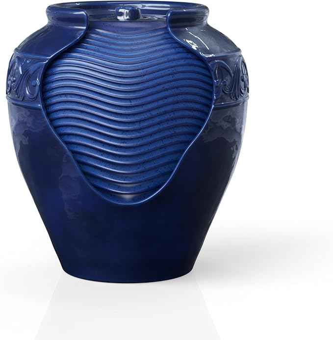 Teamson Home 16.96 in. Outdoor Glazed Pot Water Fountain with LED Lights, Built-in Pump to Create a Calming Oasis in Gardens, Landscaping, Patios, Balconies, Lawns, Royal Blue