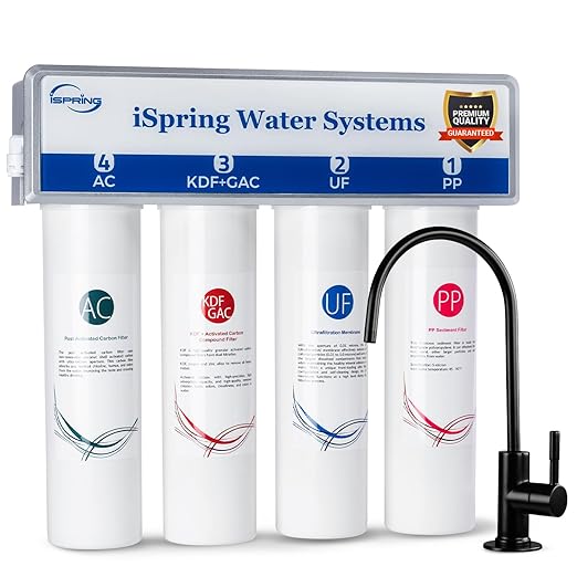 iSpring CUA4-BLK 0.01 Micron Ultra Filtration Under Sink Water Filter System, High Capacity Tankless 4-Stage Ultrafiltration Water Filter, Removes 99.99% Contaminants, Quick Filter Change with Faucet