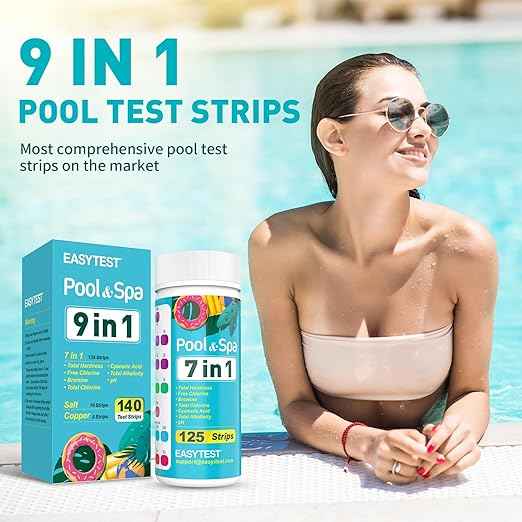 EASYTEST 9-Way Pool Test Strips, 140 Strips for Hot tub and Spa, Accurate Testing pH, Total Chlorine, Free Chlorine, Bromine, Alkalinity, Total Hardness, Cyanuric Acid, Salt and Copper