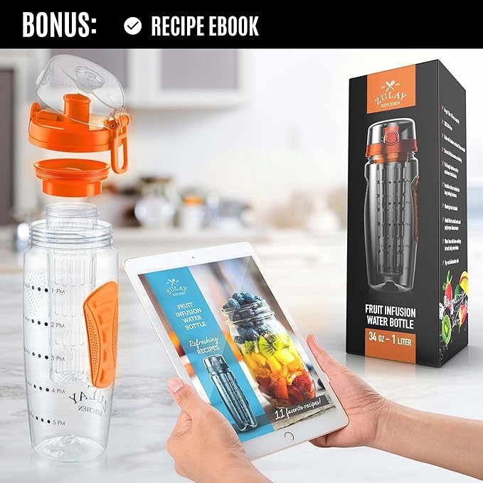 Zulay Fruit Infuser Water Bottle - 34oz - Leakproof With Full-Length Infusion Rod - Men Women's Ideal Fitness Gift Or For Gym, Camping