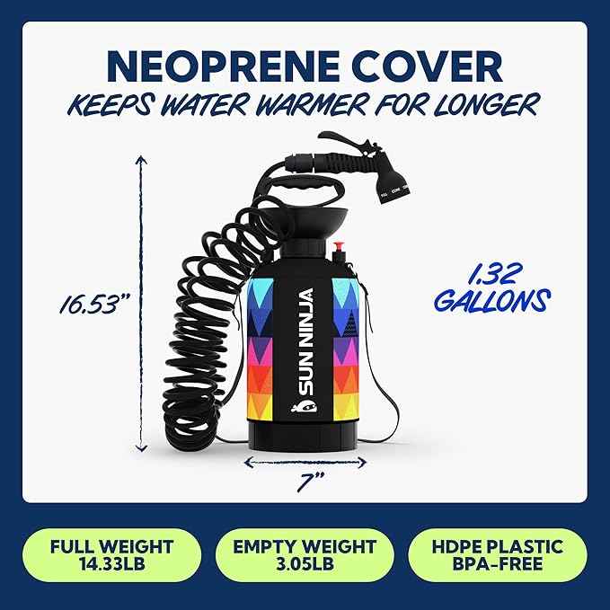 SUN NINJA Portable Shower, Camping Shower with 7 Mode Shower Head, Neoprene Cover Helps Keep Water Warm, High Pressure Hose, Easy to Carry