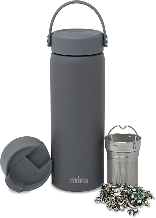 MIRA 18 oz Tea Infuser Thermo - Stainless Steel Travel Bottle with Removable Strainer for Loose Leaf Tea - Insulated Hot & Cold Brew Steeper - Smoke Gray