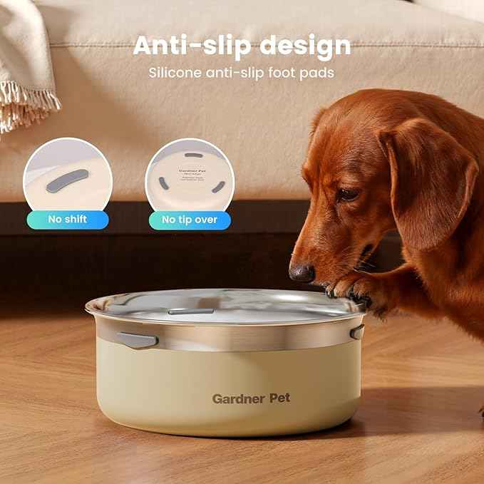 Gardner Pet Slow Water Bowl for Dogs, 2L/68oz Spill-Proof Pet Water Bowl with Floating Disk, Stainless Steel No-Spill Water Dispenser for Medium Pets