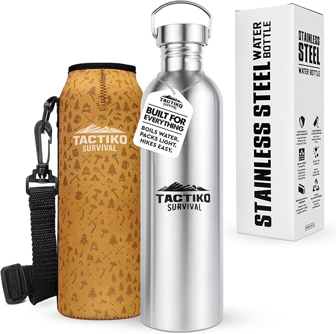 Tactiko Survival 51 oz/1500 ml Stainless Steel Wide Mouth Water Bottle, Single Wall Boil-Safe, Leakproof, BPA-Free with Carry Sleeve and Strap for Camping, Hiking, Outdoor Prep (Tan)