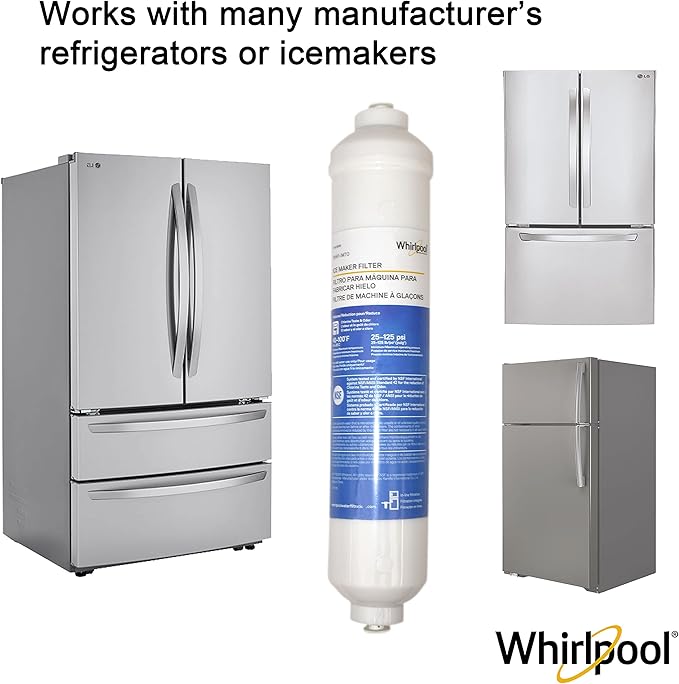 Whirlpool Inline Water Filter WHKF-IMTO, 1/4" Quick Connect Fits Refrigerator, Ice Maker, NSF/ANSI 42 Certified Reduces Chlorine Taste & Odor for Drinking Water and Filtered Ice, 6 Month Filter Life