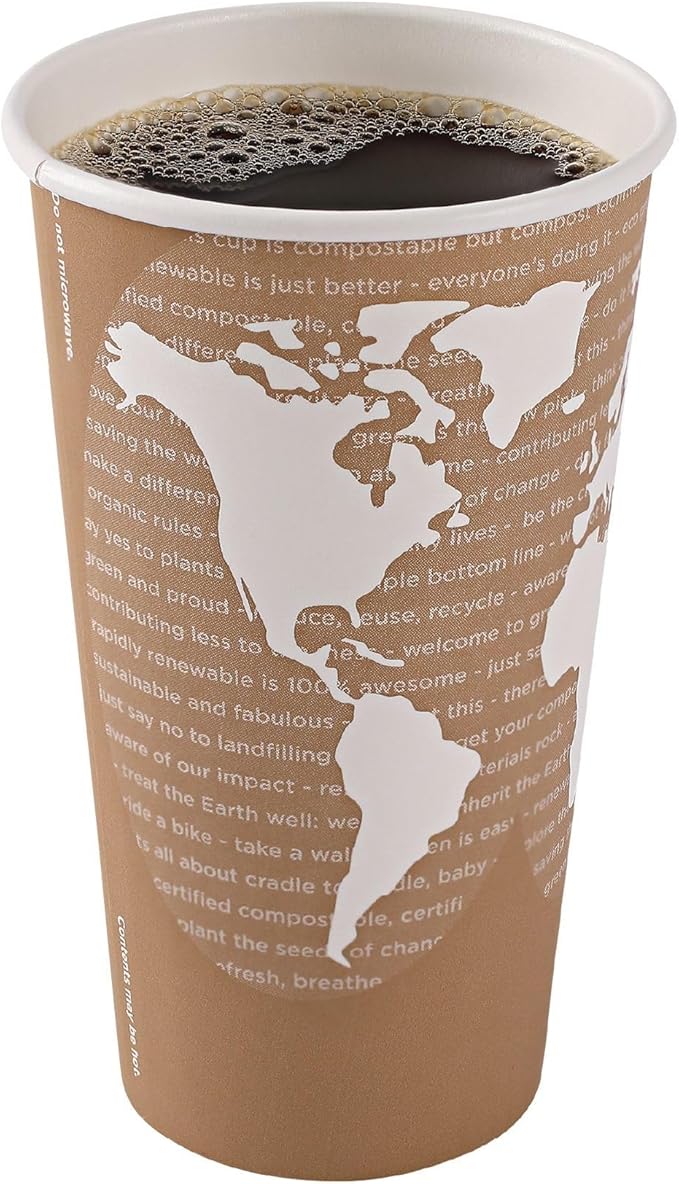 ECO PRODUCTS Compostable Disposable World Art 20oz Large Coffee Cups, Case of 1000, Renewable Hot Paper Cup, Plant Based PLA Lining, Color Coded