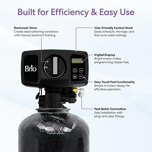 Brio WSFS9527 Whole House Water Softener System, 3-4 Bathrooms, 48,000 Grains, 8-10 GPM, 10" x 54" Resin Tank, High-Efficiency Valve Head, Fully Compatible w/Existing Water Filtration System