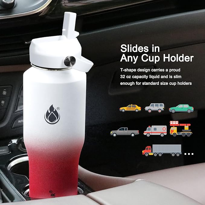 SENDESTAR Water Bottle,Wide Mouth Stainless Steel Vacuum Insulated Double Wall Keep Liquids Cold or Hot All Day,Sweat Proof Sport Design,Fit Car Cup Holder,White&Rose Red,32 Ounces