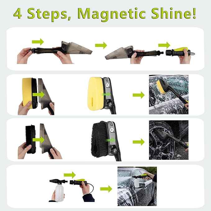 Magnetic Attachment Cleaning Kit for Portable Pressure Washers Includes Foam Sponge Head, Stiff Bristle Brush, Soap Dispenser and Quick-Connect Adapter for Car, Outdoor & Home Use