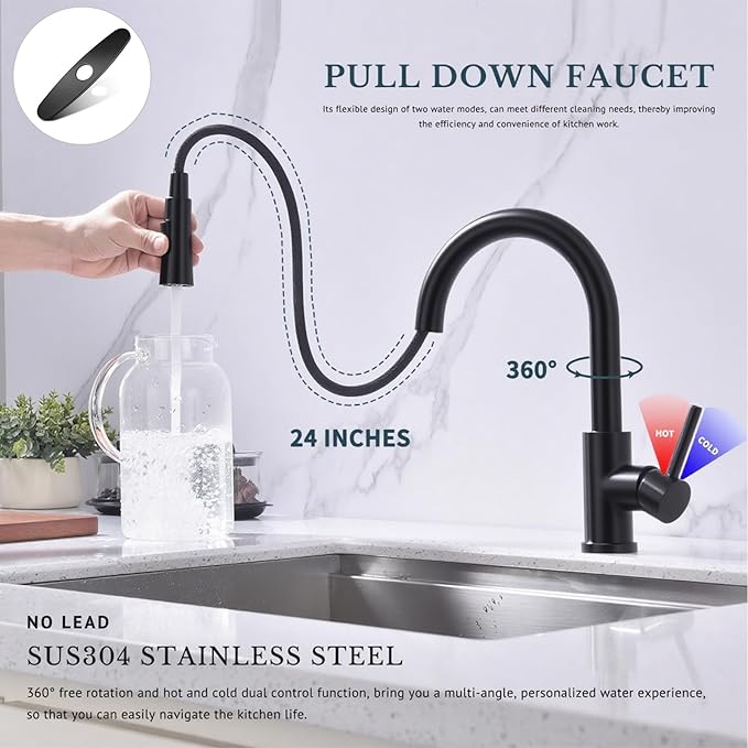 Kitchen Faucet with Pull Down Sprayer SUS304 Stainless Steel High Arc Pull Out Kitchen Sink Faucets Utility Laundry Farmhouse Camper Rv Modern for 1 or 3 Hole Sink, KF1-BK