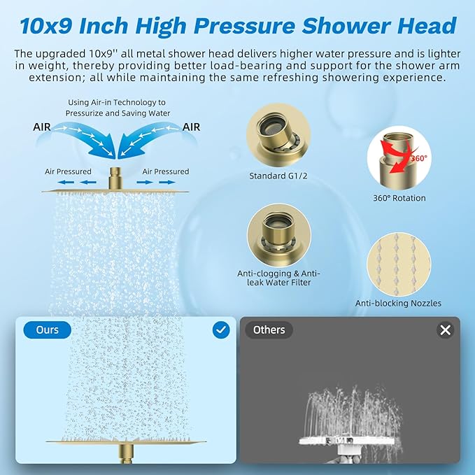 Hibbent cUPC Certified All Metal 10" Rainfall Showerhead Combo, High Pressure Shower Head with 10-Spray Handheld, Innovative 4-way Diverter with Pause Mode, 71'' Shower Hose & Holder, Burshed Gold