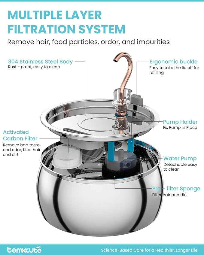 Tomxcute Cat Water Fountain - 4.0L/135oz Gooseneck Copper Faucet Design Cat Fountains for Drinking - Large Capacity Stainless Steel Cats Water Fountain - Comes with 3 Replacement Filters