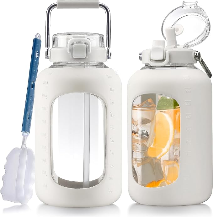 Large Glass Water Bottles with Stainless Steel Handle,100 oz Gallon Drinking Bottle with 2-in-1 Straw Lid,3 Liter Glass Water Jug with Silicone Sleeve,Wide Mouth,White