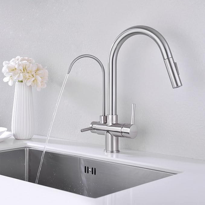 TUTEW Kitchen Faucet with Pull Down Sprayer, Kitchen Sink Faucet with Drinking Water Faucet,2 Handle 3 in 1 Water Filter Purifier Faucets,Brushed Nickel