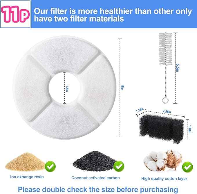 11 Pcs Cat Fountain Filter Replacement - Compatible with 2.5L Automatic Pet Water Fountain, 4-Layer Filtration System, Includes 8 Carbon Filters, 2 Sponges, and 1 Cleaning Brush