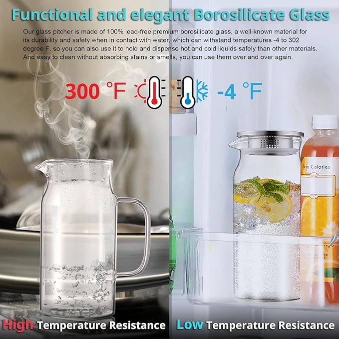 Bivvclaz 2 Pack 1.2 Liter 40 oz Small Glass Pitcher with Lid and Handle, Glass Carafe Water Pitcher for Hot/Cold Water, Iced Tea, Drinks, Coffee, Juice and Homemade Beverage