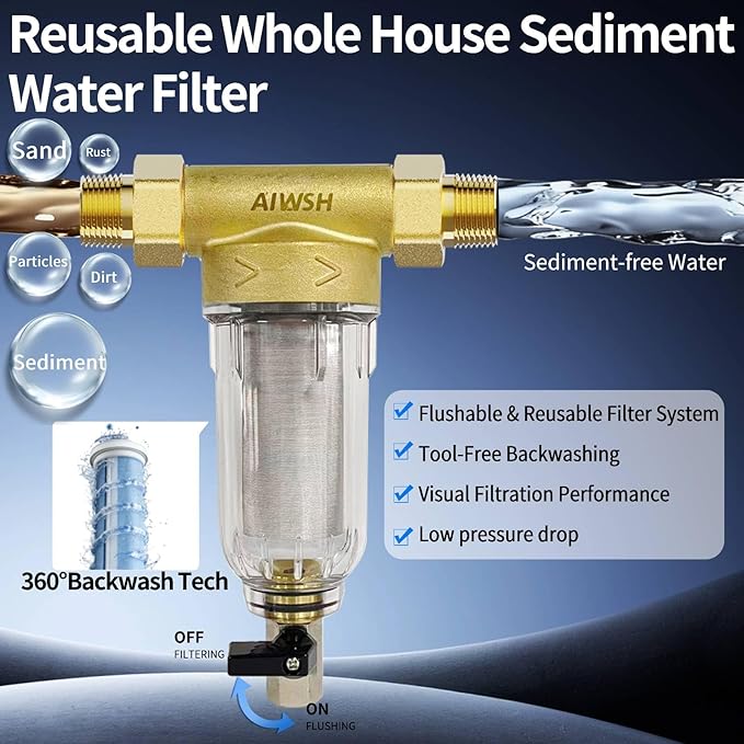 40 Micron Spin Down Sediment Filter,Reusable Sediment Water Filter,Washing Machine Water Filter,Whole House Pre-Filtration System for City Water & Well Water,25GPM,1" MNPT+3/4" FNPT+3/4" MNPT