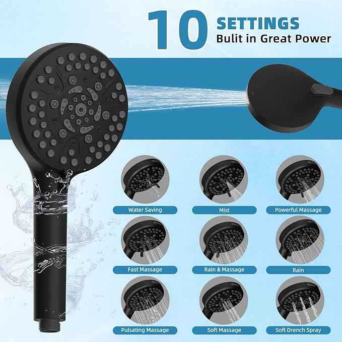 Filtered Shower Head, 10" High Pressure 10-Spray Handheld/Rainfall Shower Head Combo with 20 Stage Shower Filter, 11" Shower Extension Arm, 71" Hose, Shower Head Holder, Matte Black