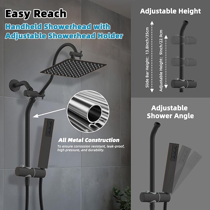 Hibbent cUPC Certified High Pressure 10'' Rainfall Shower Head, Showerhead Combo with 4-mode Handheld Spray, Adjustable Extension Arm, Extension Bar, Easy Reach Holder, 71'' Hose, Oil Rubbed Bronze