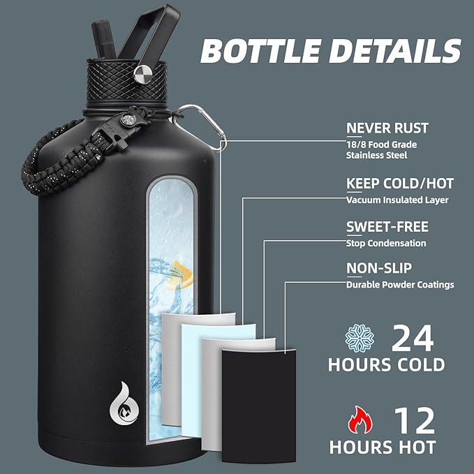 BJPKPK 1 Gallon Water Bottle with Straw Lid, 128oz Large, Stainless Steel Water Bottles with 3 Lids and Paracord Strap, Double Wall Vacuum Metal Water Jug, Black