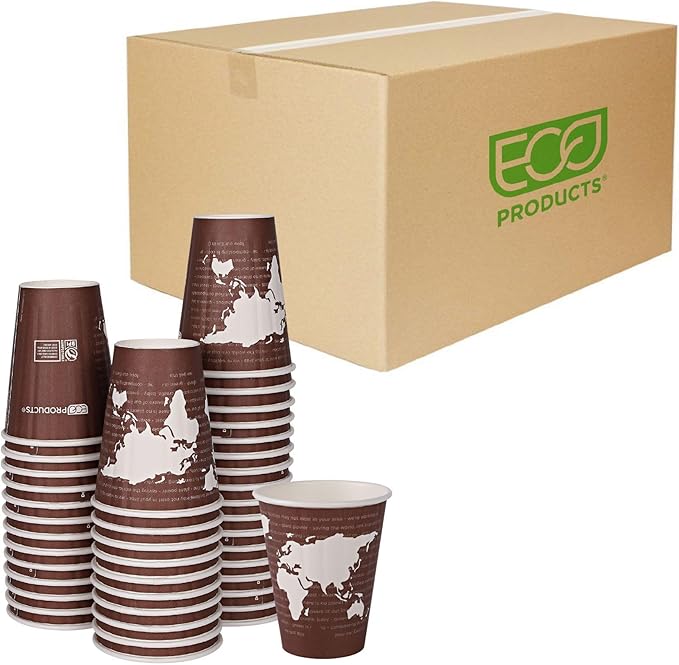 ECO PRODUCTS Compostable Disposable Insulated World Art 8oz Coffee Cups, Case of 800, Renewable Double-wall Hot Paper Cup, Plant Based PLA Lining, No Sleeves Needed, Color Coded