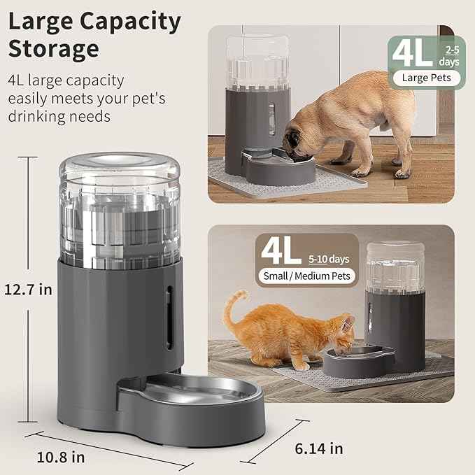 Cat Water Dispenser with Filter and Stainless Steel Bowl, Automatic Gravity Water Dispenser for Cats or Small Medium Size Dogs, Large Capacity, Easy to Clean and Safe for Pets (4L Grey)