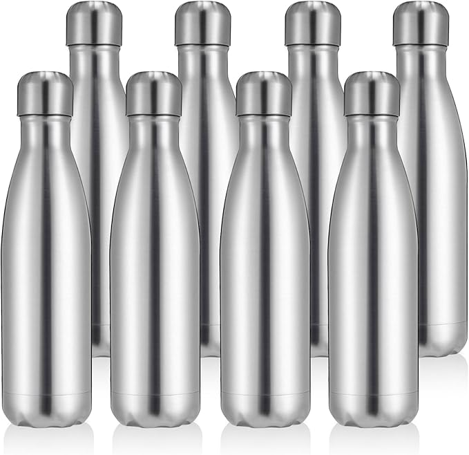 Volhoply 17oz Stainless Steel Water Bottles Bulk, Leakproof Insulated Metal Water Bottle for Sports, Travel, Adult, Available in Packs of 1, 4, 8, or 12（Silver,8 Pack）