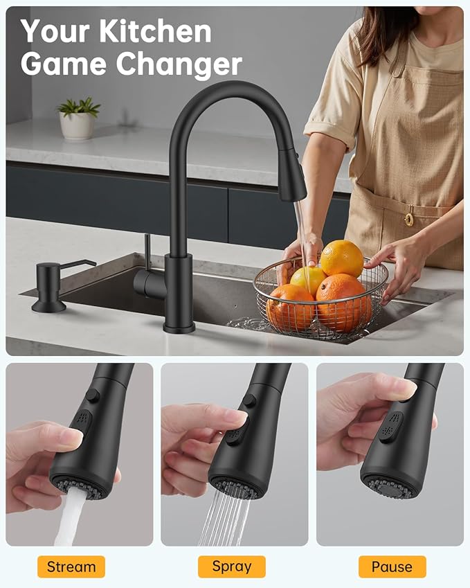 Black Kitchen Faucet with Soap Dispenser & Pull Down Sprayer, Rv Kitchen Sink Faucets for Pot Filler, Farmhouse Camper Bar Sink Laundry, RV Bathroom, Single Hole Single Handle Stainless Steel