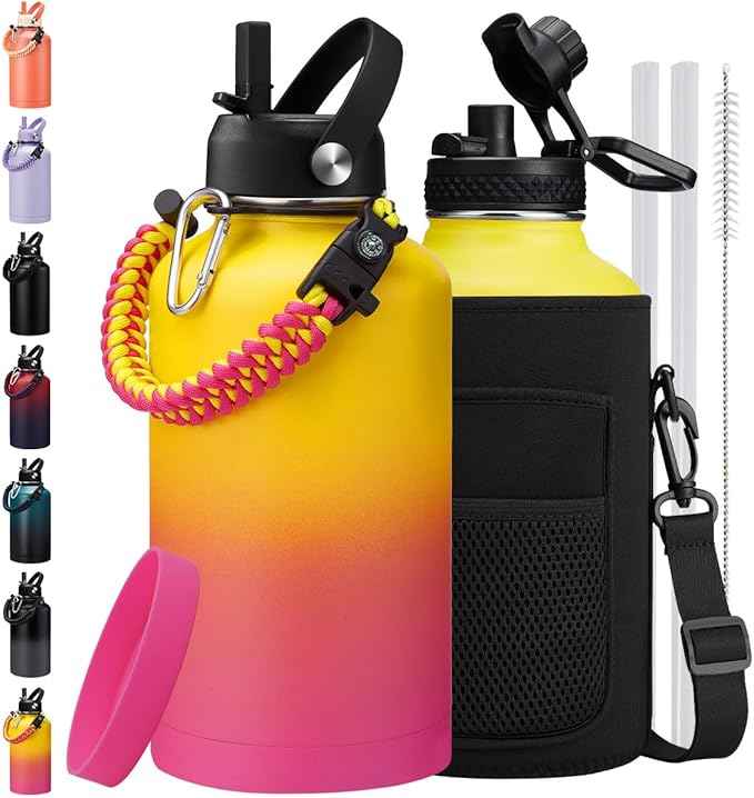 64oz/Half Gallon Insuated Water Bottle, (Keep Cold 48H), Leak Proof Food-Grade Stainless Steel Water Jug With Straw Lid and Atuo Spout Lid, Portable Paracord Handle & Carrier Bag Yellow Rose-red