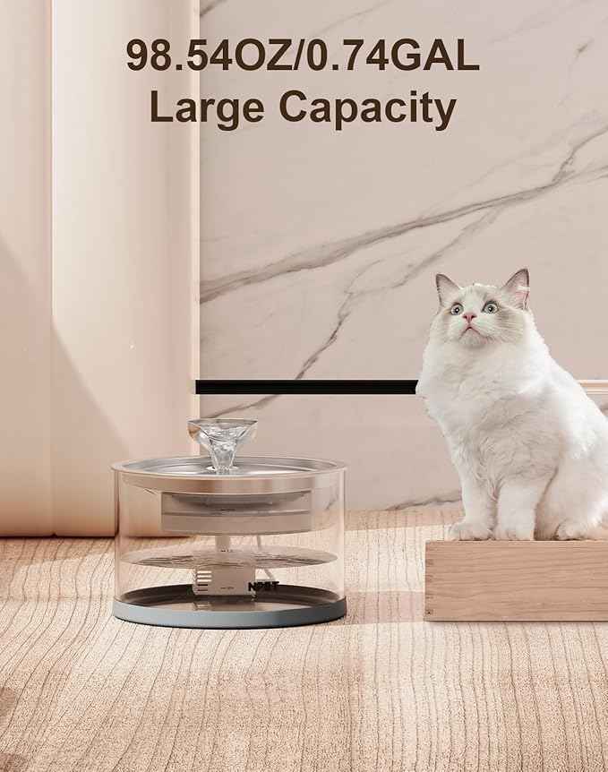 NPET N280 Cat Water Fountain Glass, 95oz/2.8L Automatic Pet Fountain Dog Stainless Steel Tray, Water Dispenser for Cats, Dogs, Multiple Pets (Water Fountain + 5 Filters)