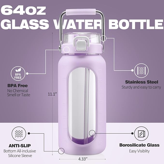 BLUEGO 64oz Water Bottle Glass with Stainless Steel Handle Large Water Bottle with Time Markers and Silicone Sleeve Half Gallon Water Jug BPA Free for Gym Daily Use, Purple