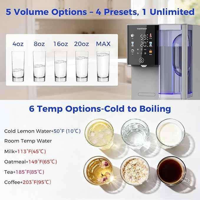 C5 Countertop Reverse Osmosis Water Filter, Hot and Cold RO System-3s Instant Hot, 6 Temp Settings 7-Stage RO Filtration Dispenser, NSF/ANSI372/42/58, Portable Pitcher, 3:1 Pure to Drain