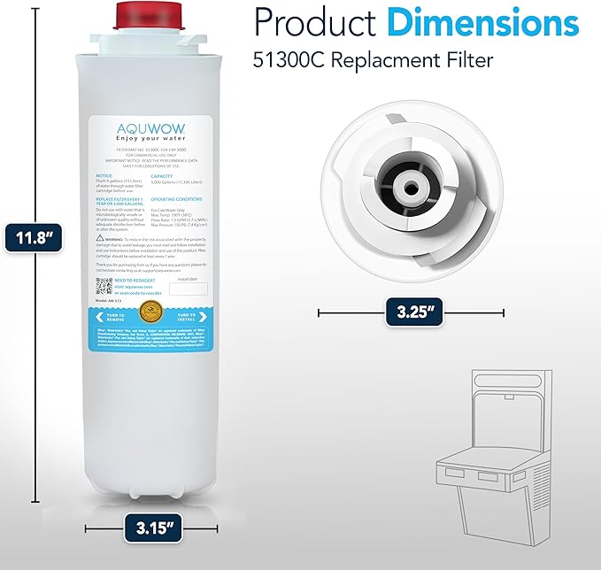 51300C Replacement Water Filter For Premium Filtration – Compatible with Elkay 51300C, 55898C, ERF750, EWF3000 – No Chip, Extended Service Life (1, 12") - AquaVibe